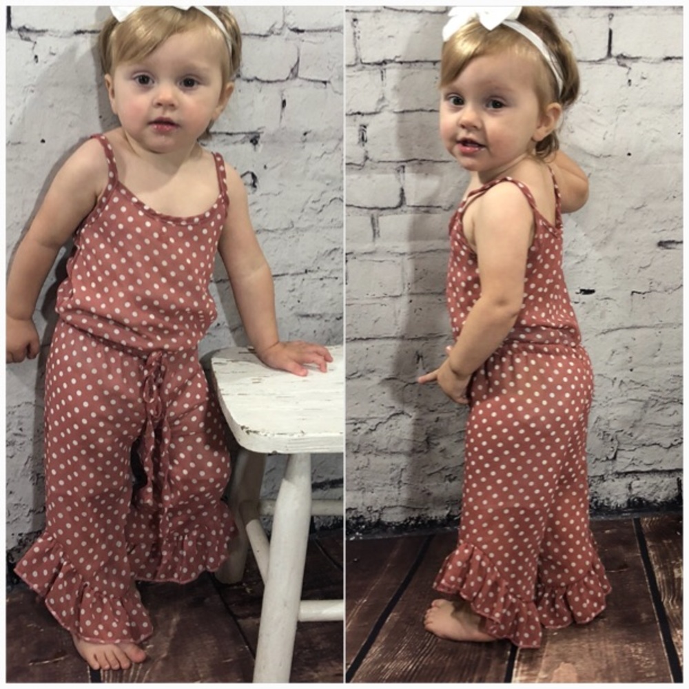 NEW Dusty Pink Polka Dot Ruffle Jumpsuit - Picture 2 of 3